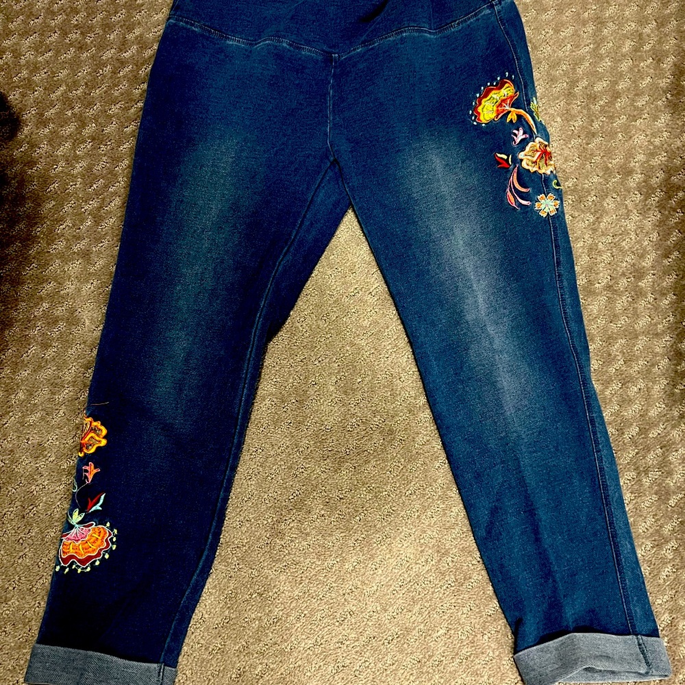 Embroidered Pull On Jeans